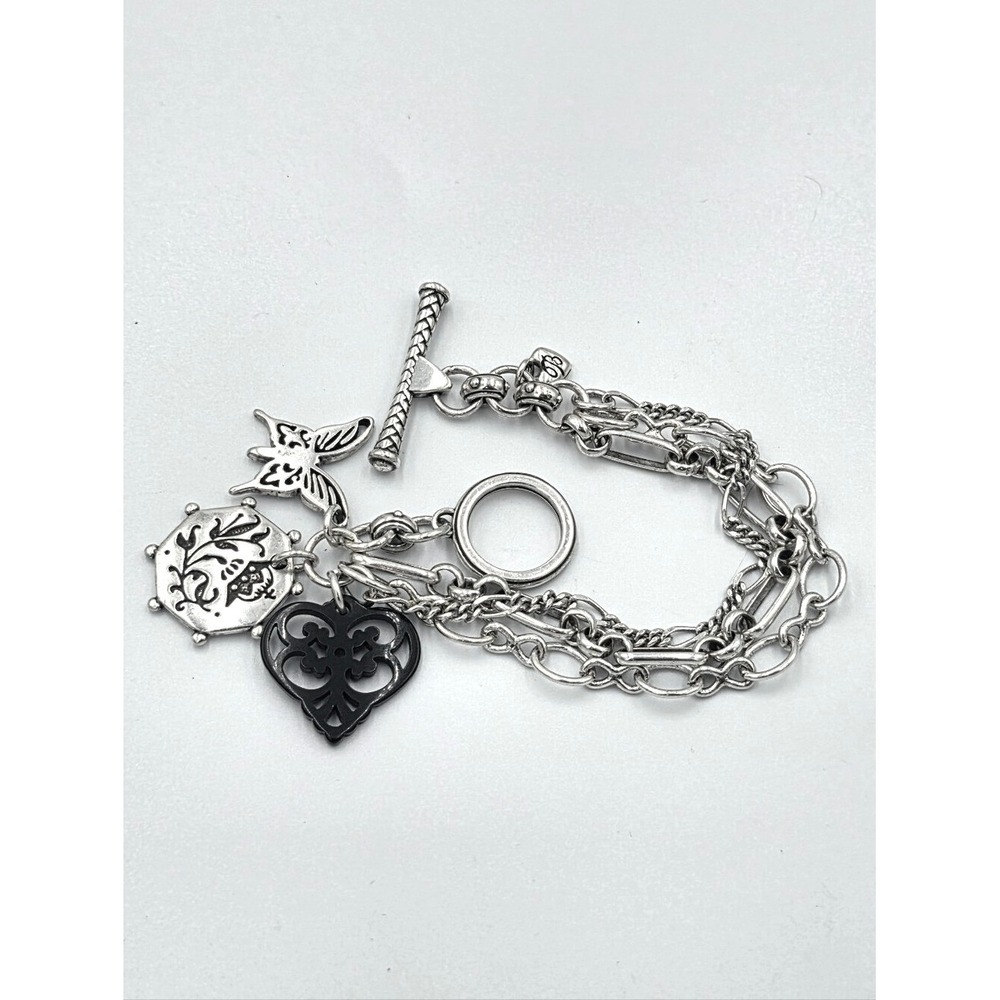 Brighton Silver Multi Chain Charm Bracelet Butterfly Heart Coin Toggle Clasp 8in
